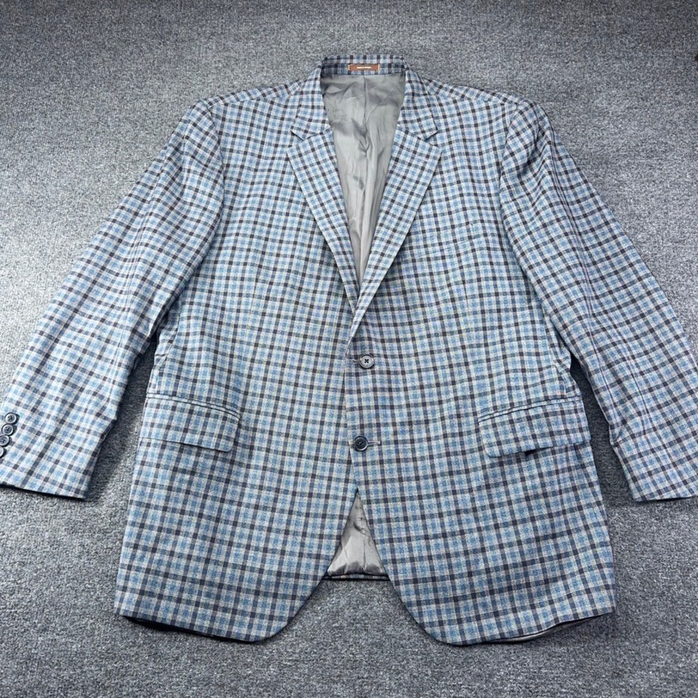 Peter Millar Mens 48R 100% Wool Plaid Sport Coat Blazer Blue Grey 2 Button